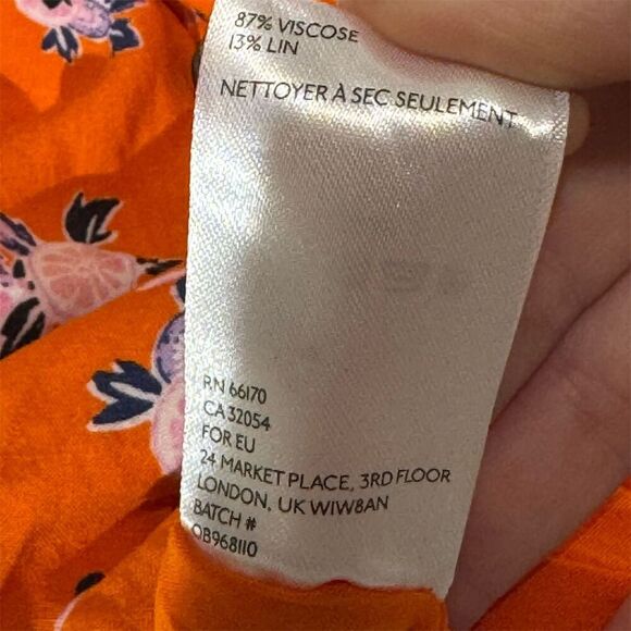 Free People S Orange Floral Mini Dress Ruffle Hem Tie Back Linen Blend Cottage - Picture 10 of 10